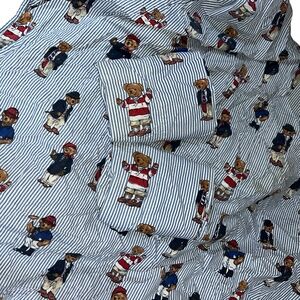 Ralph Lauren Polo vintage clothed teddy bears blue stripe QUEEN fitted 2 cases